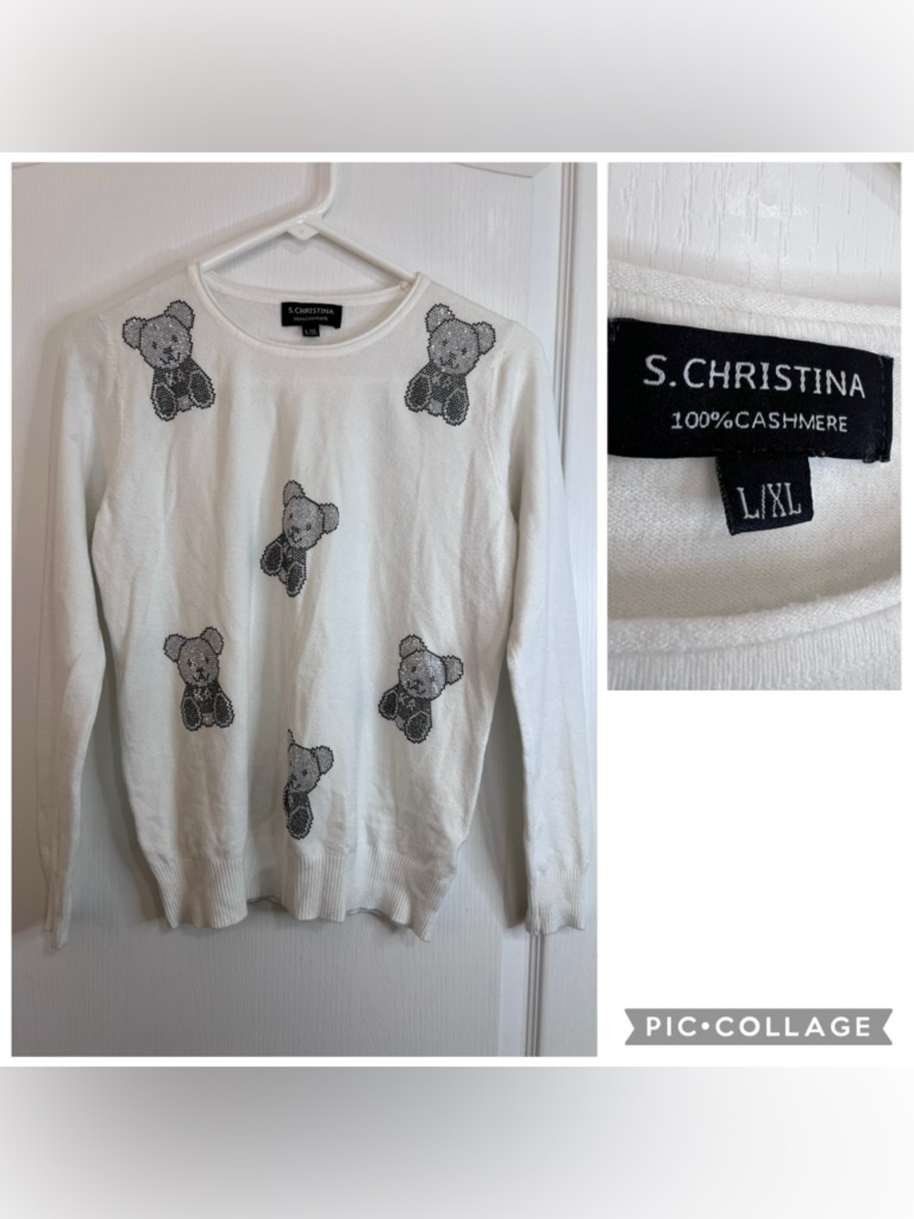 S.Christina White Cashmere Sweater with Gray Bear Motifs size L/XL